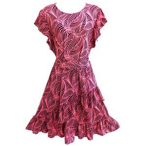 Michael Kors Ruffled Flamenco Dress Pink Brown Flutter Sleeves Zip Back Tie Stre